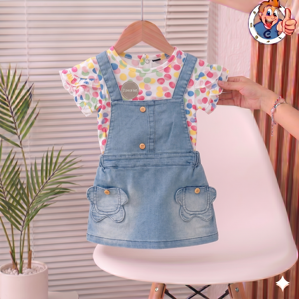 Robe Salopette Fille Denim + T-shirt Pois Colorés