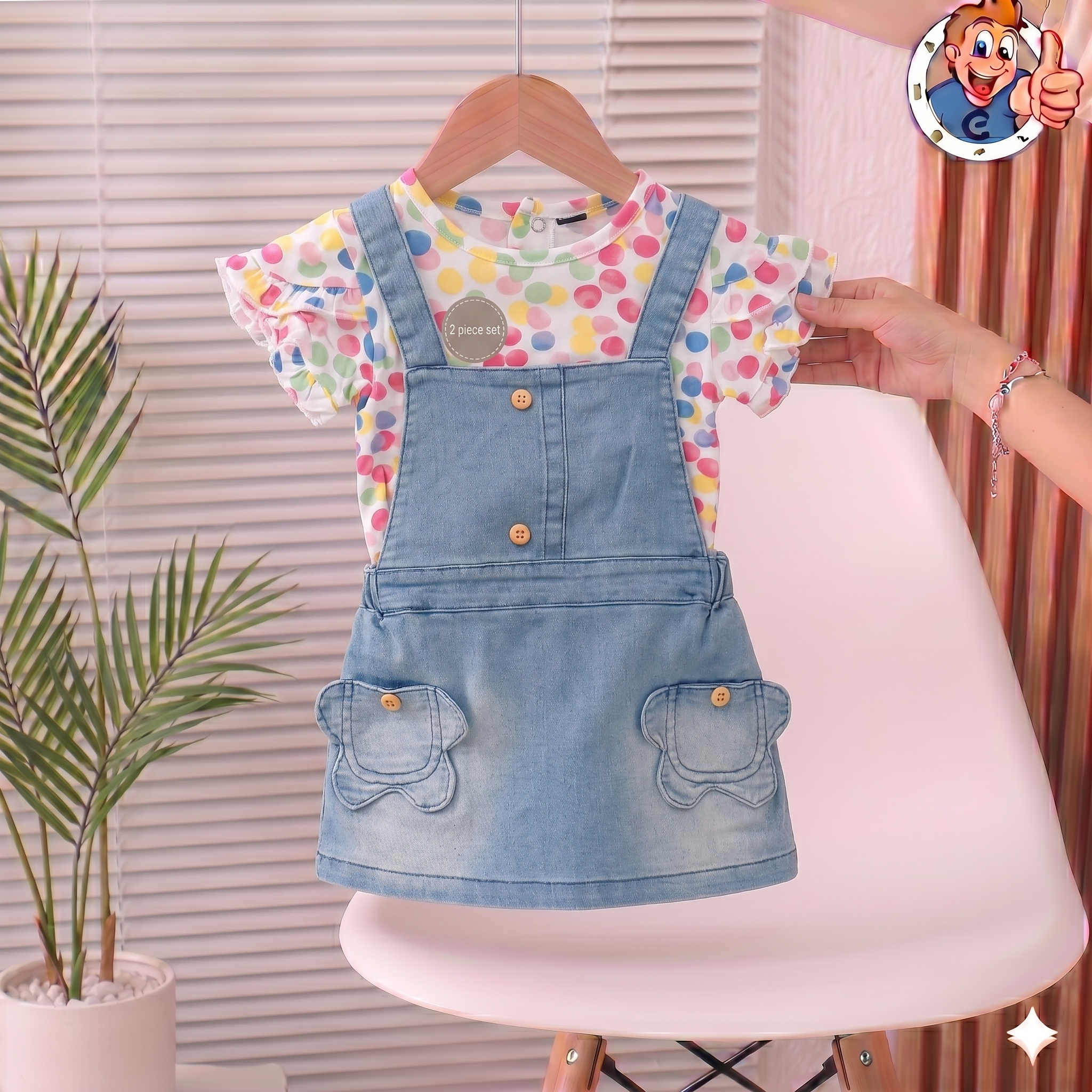 Robe Salopette Fille Denim + T-shirt Pois Colorés