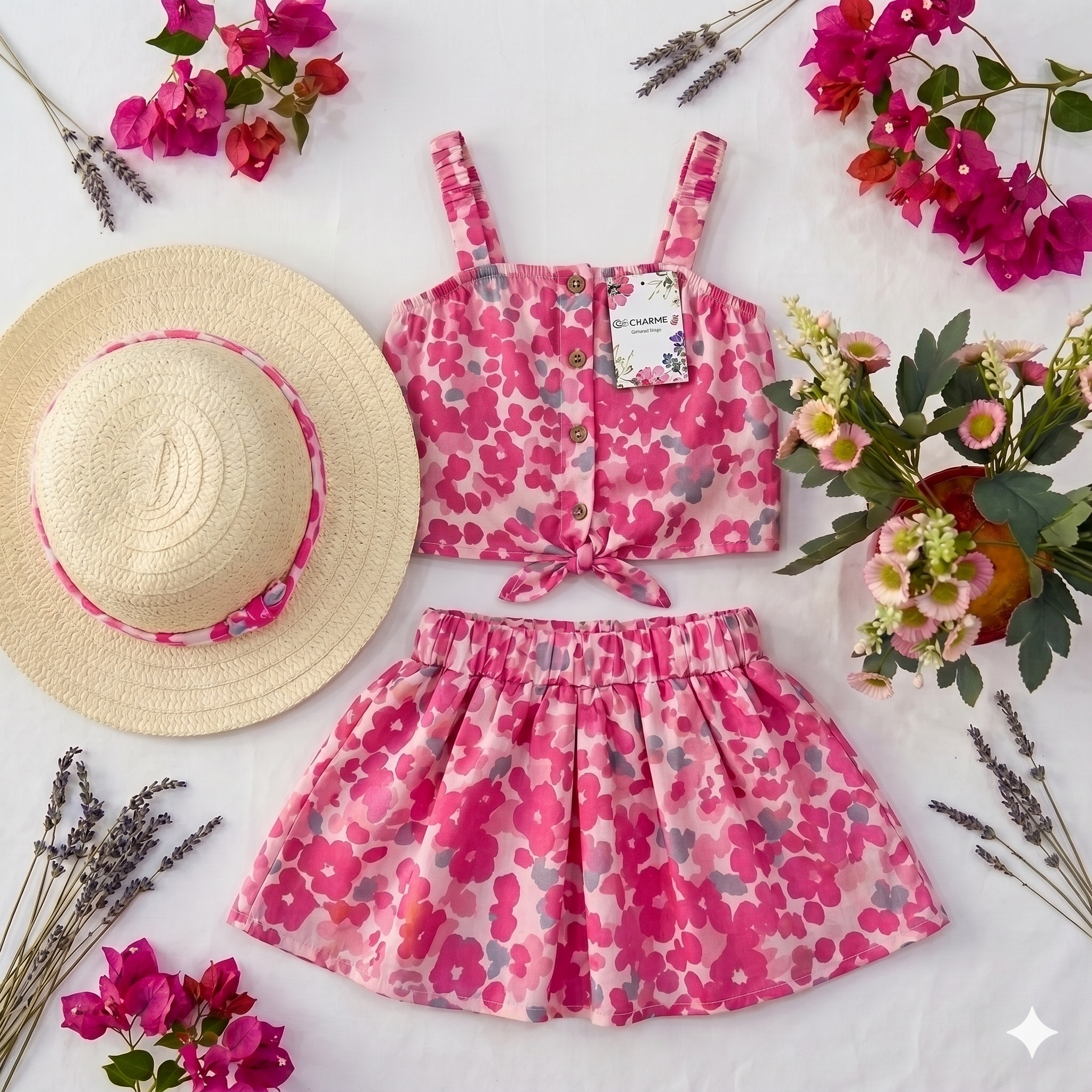 Ensemble 3 pcs Pink florale avec chapeau