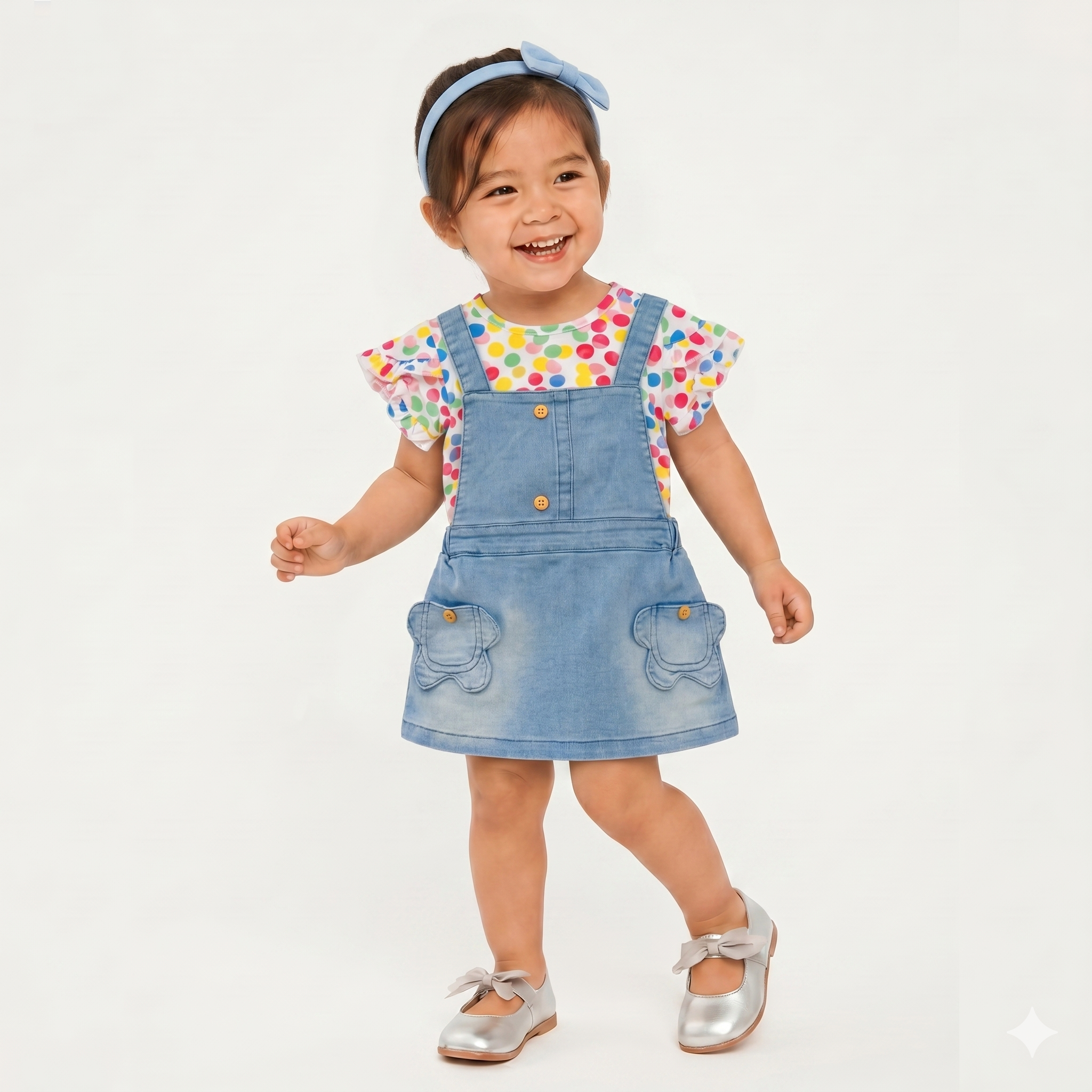 Robe Salopette Fille Denim + T-shirt Pois Colorés